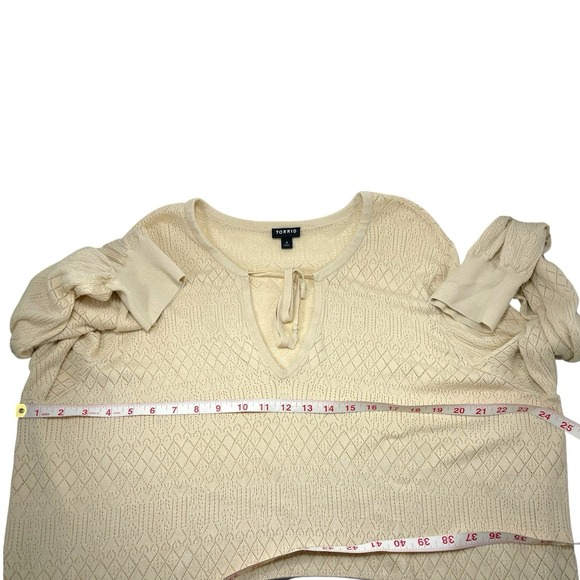Torrid Womens Size 4 Pointelle Cream Pullover Top Tie Neck Sweater Open Knit - Picture 7 of 11